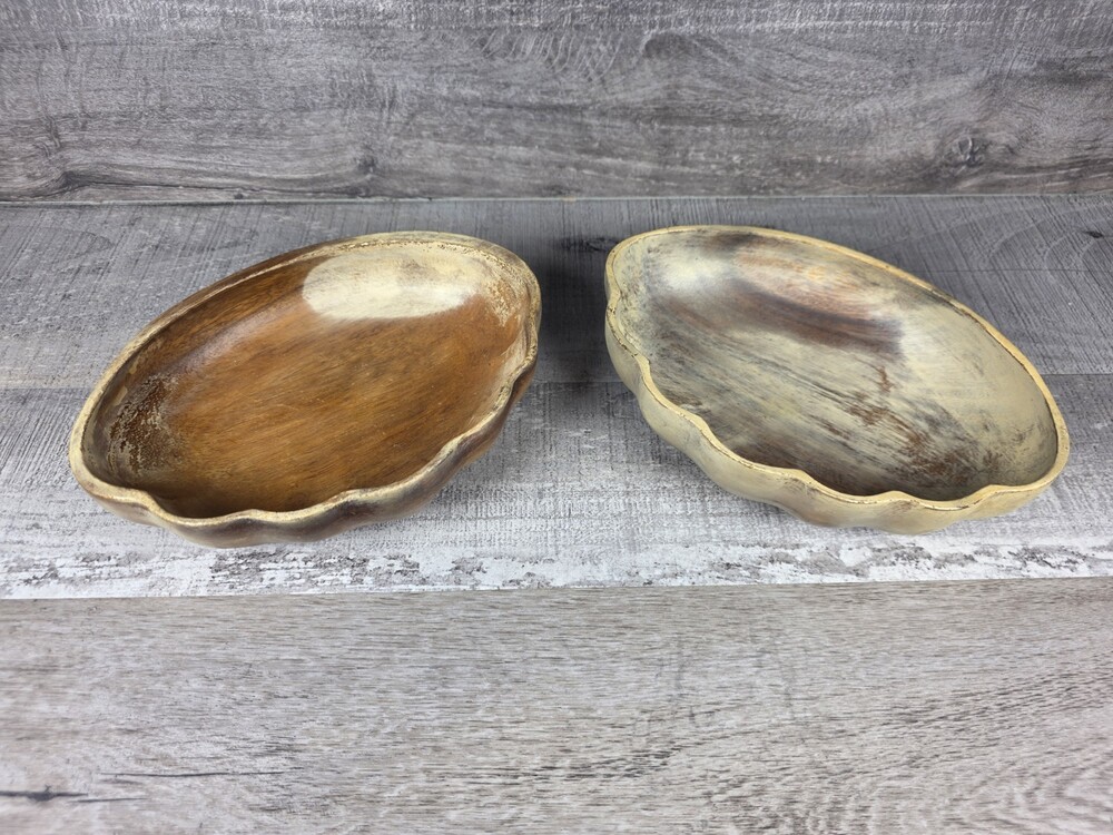 2 MCM Teak Wooden Shell Salad Trinket Bowls Dishes Seashell Clam Nautical g72